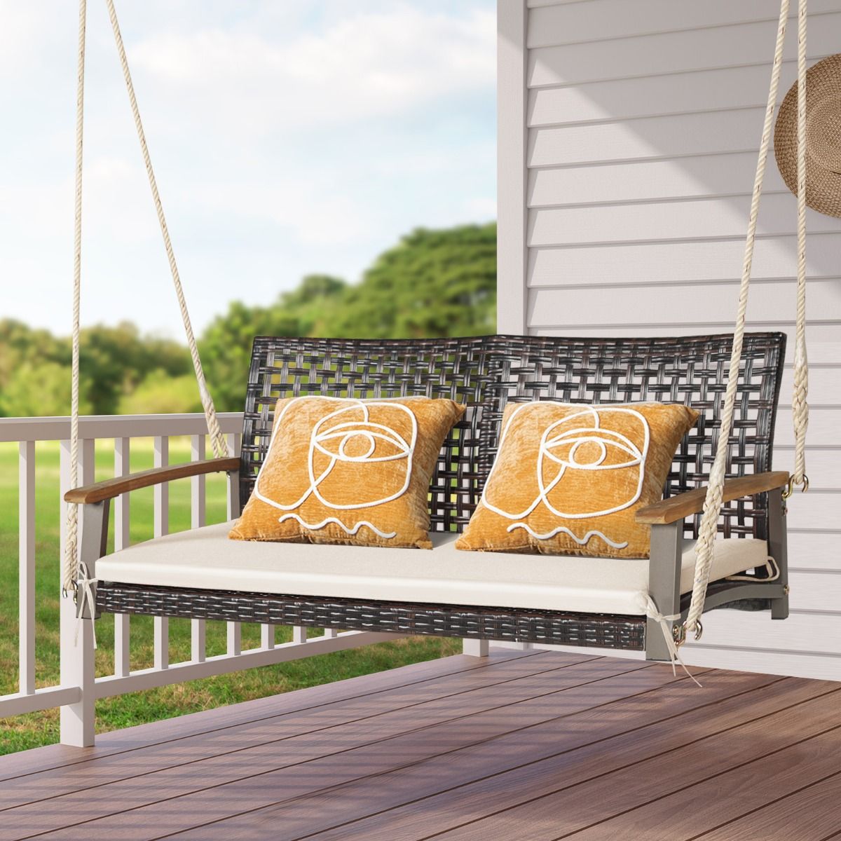Hanging Rattan Garden Bench 2 Seater Acacia Wood Armrests Metal Frame Cushion Ropes Hooks White/Black -