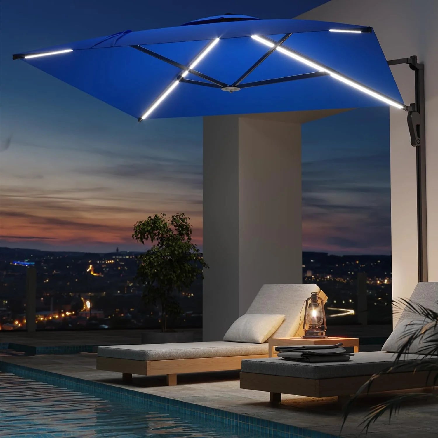 AECOJOY 10FT Large Patio Umbrella with Solar Lights, Rectangle Wall Mounted Outdoor Patio Umbrella, Blue - Product image 8