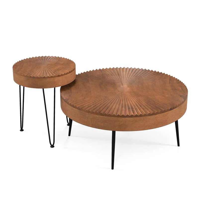 Boho Farmhouse Round Coffee Table Set of 2, Solid Pine Wood Nesting End Table with Metal Legs - Product image 3