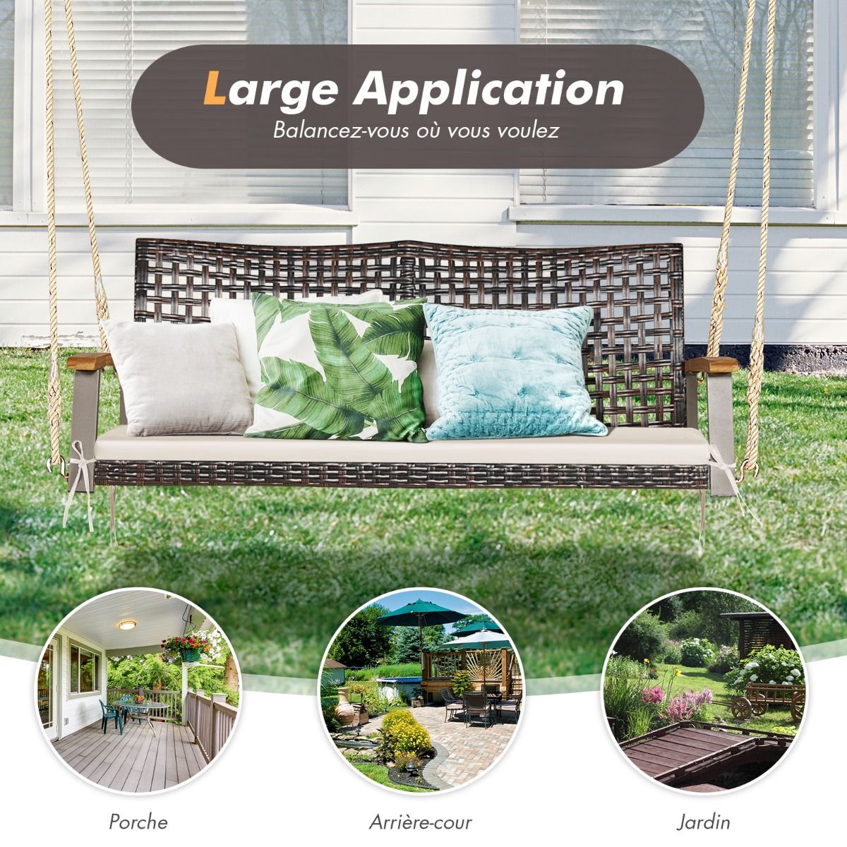 Hanging Rattan Garden Bench 2 Seater Acacia Wood Armrests Metal Frame Cushion Ropes Hooks White/Black -