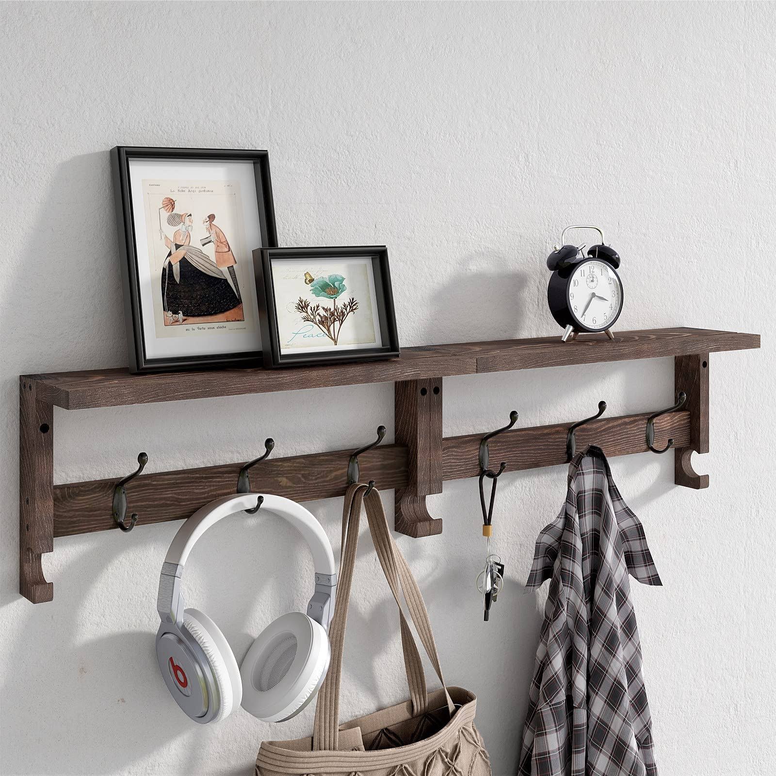 VERTORGAN Coat Hooks, Wood Rack Wall-mounted, 31.5 inch Entryway Shelf with 10 Hooks (Brown) - Product image 1