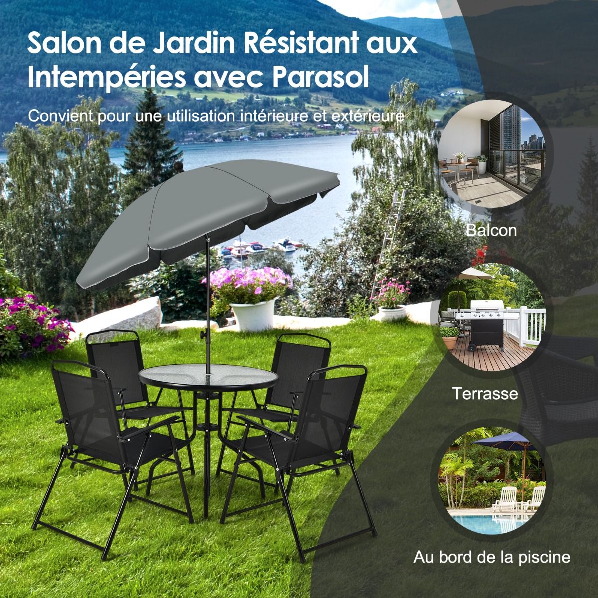 Garden Furniture Set 6 Pcs 4 Folding Chairs Glass Coffee Table and Parasol for Terrace Swimming Pool Courtyard Black -