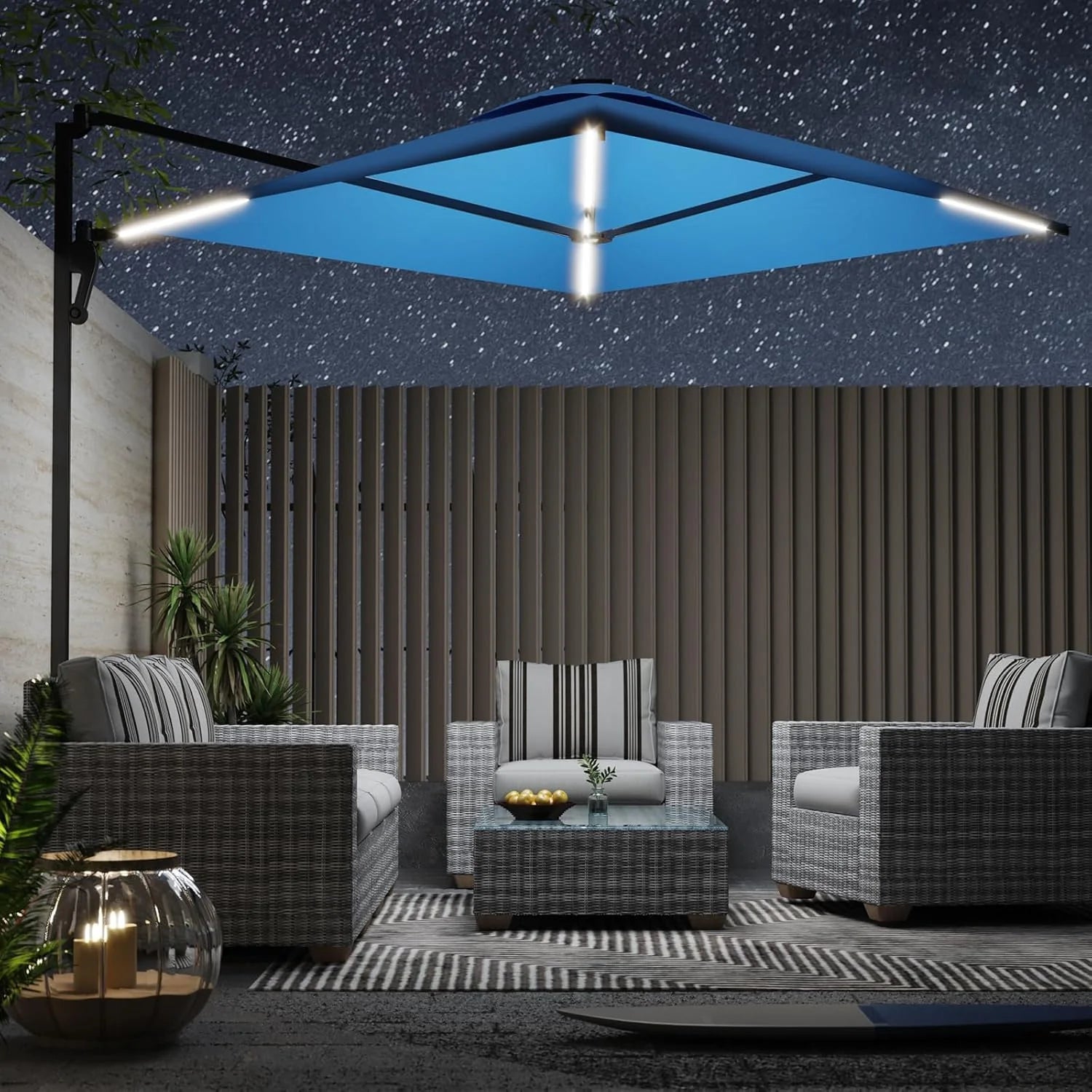 AECOJOY 10FT Large Patio Umbrella with Solar Lights, Rectangle Wall Mounted Outdoor Patio Umbrella, Blue - Product image 2