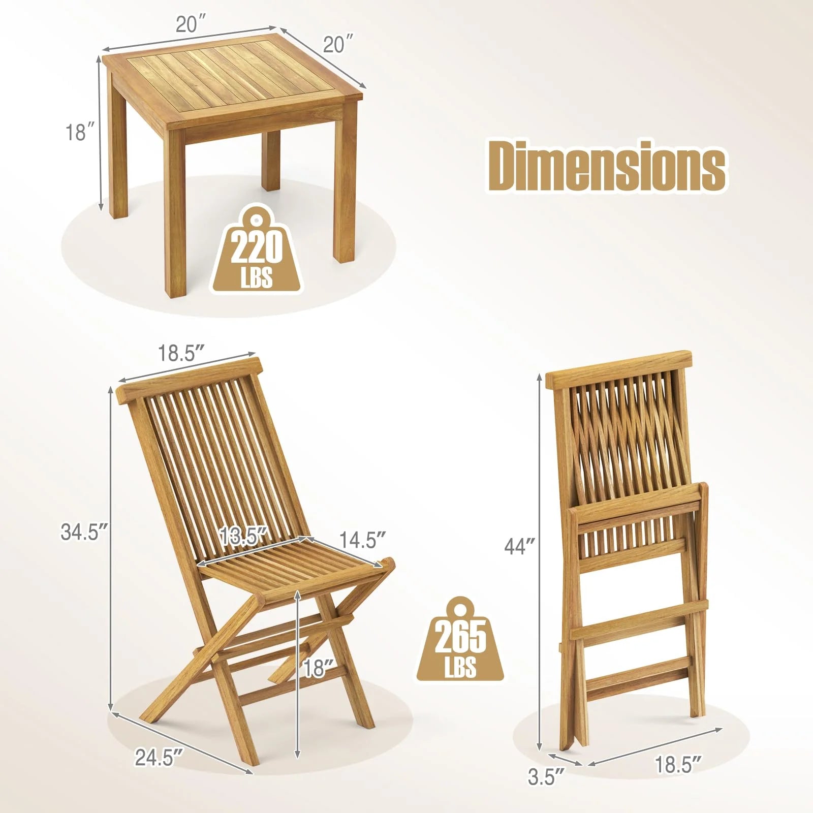 Tangkula 3 Piece Teak Wood Bistro Set, Outdoor Conversation Set with 2 Folding Chairs & Square Side Table - Product image 4