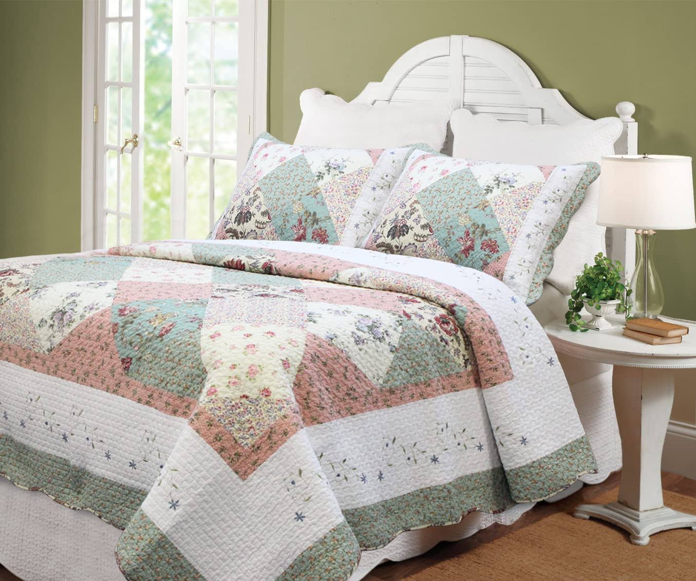 Cozy Line Home Fashions Floral Real Patchwork Tiffany Green Peach Scalloped Edge Country 100% Cotton Quilt - Product image 1