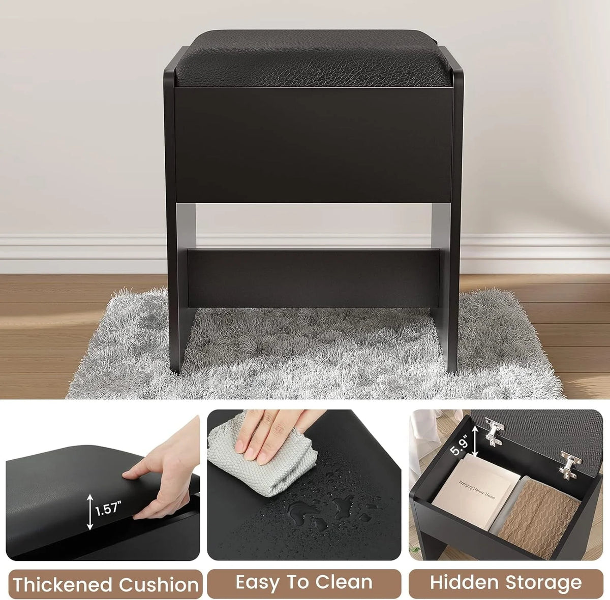 Black Vanity Set with Lights & Charging Station & Cushioned Stool - Product image 12