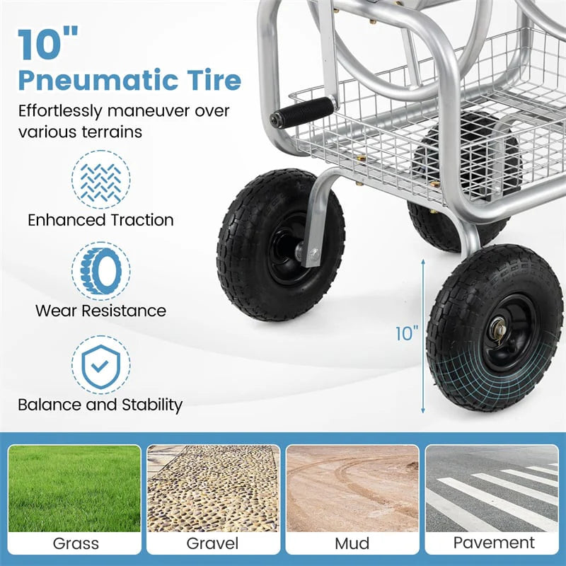 Portable Garden Hose Reel Cart Holds 300FT of 5/8" Large Capacity, Heavy-Duty Metal Hose Cart with 4 Wheels & Storage Basket for Lawn Yard