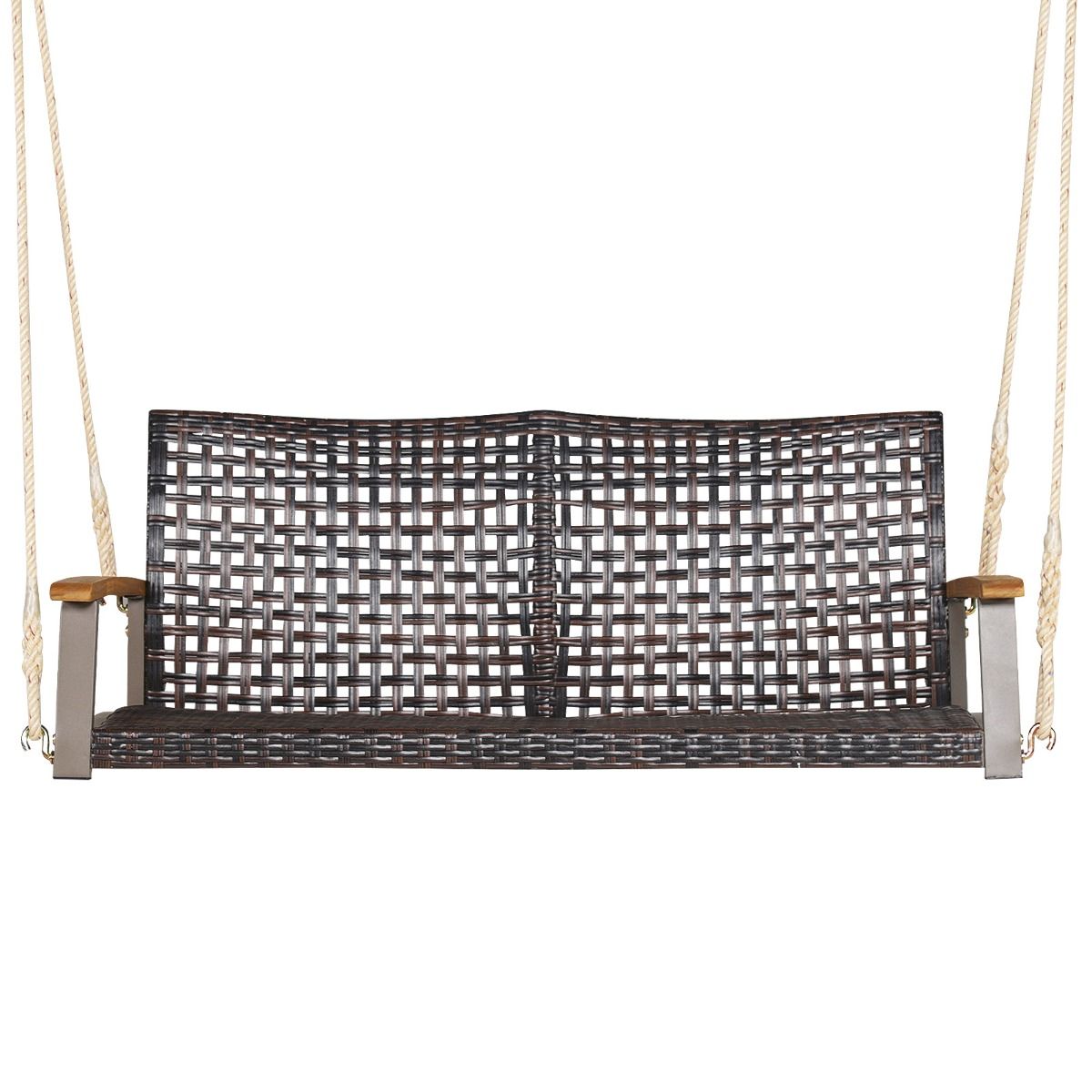 Hanging Rattan Garden Bench 2 Seater Acacia Wood Armrests Metal Frame Cushion Ropes Hooks White/Black -