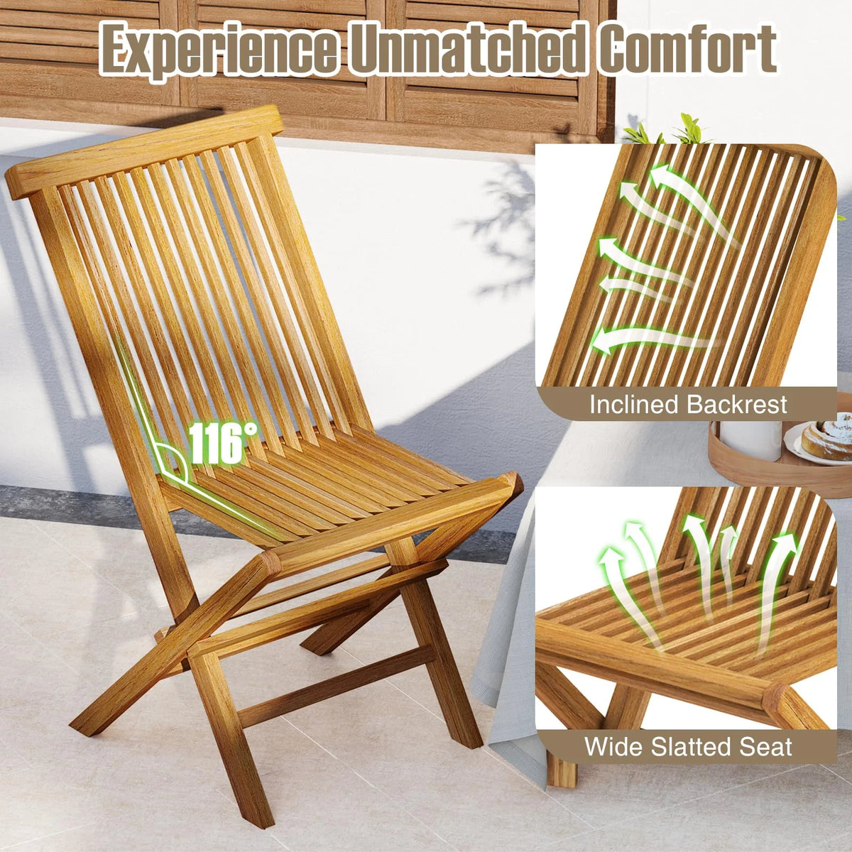 Tangkula 3 Piece Teak Wood Bistro Set, Outdoor Conversation Set with 2 Folding Chairs & Square Side Table - Product image 8