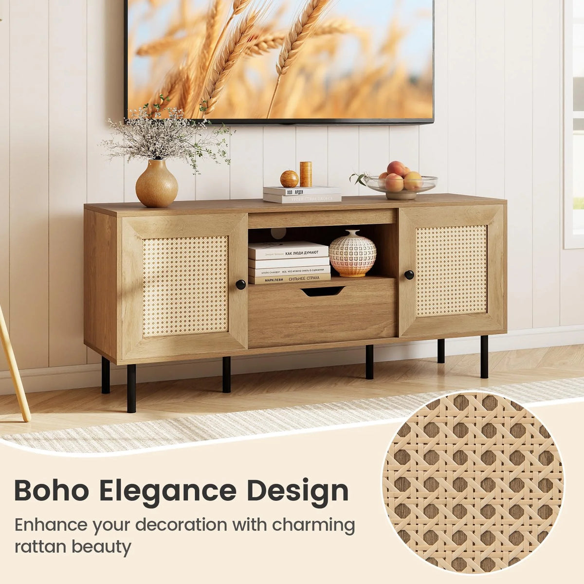 Tangkula Boho TV Stand for 60 Inch TV Entertainment Center with Cabinets and Storage Shelf - Product image 8