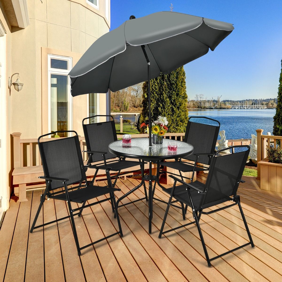 Garden Furniture Set 6 Pcs 4 Folding Chairs Glass Coffee Table and Parasol for Terrace Swimming Pool Courtyard Black -