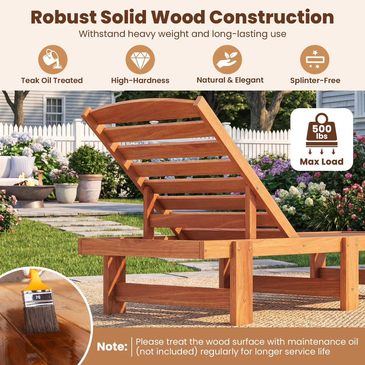 Tangkula Solid Wood Patio Chaise Lounge with 5-Level Adjustable Backrest (1/2) - Product image 6