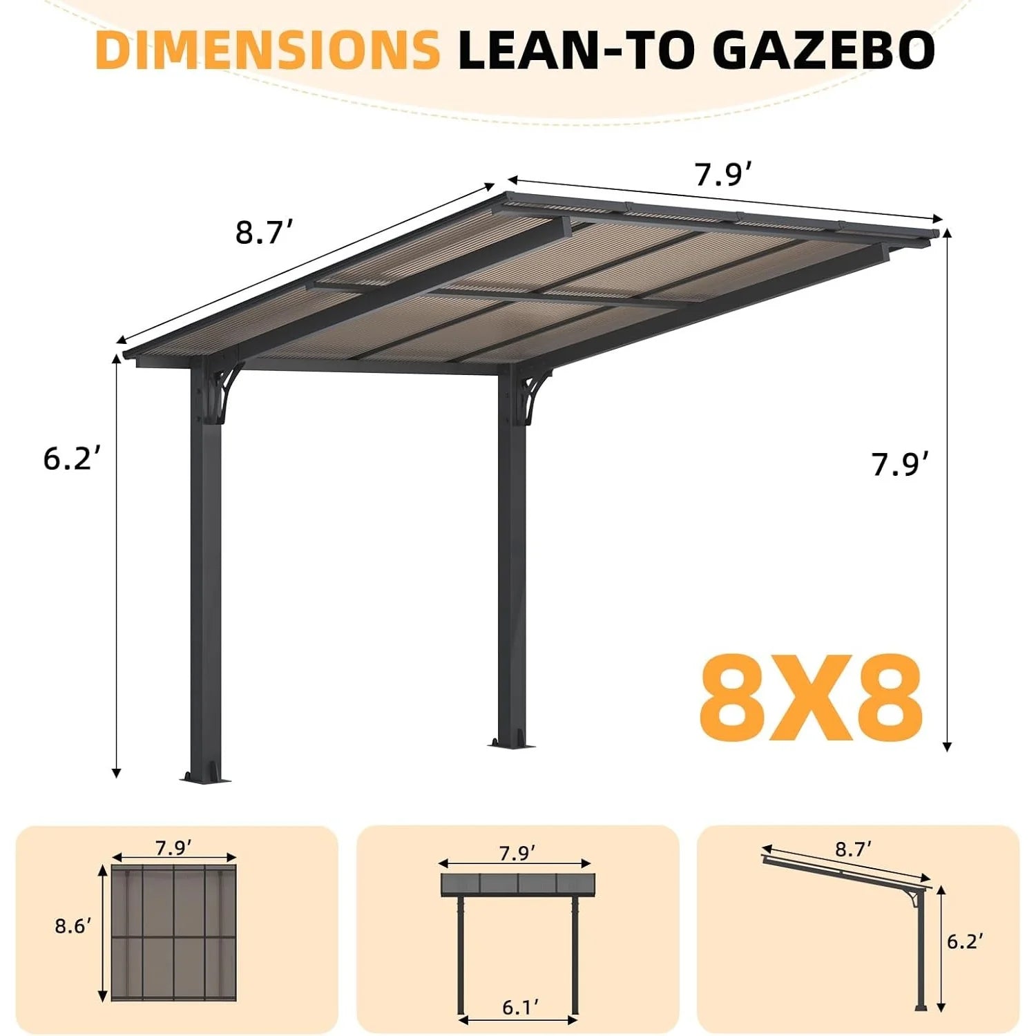 AECOJOY 8' x 8' Gazebo for Patio, Freestanding Lean to Hard Top Gazebo Carport Shelter - Product image 3