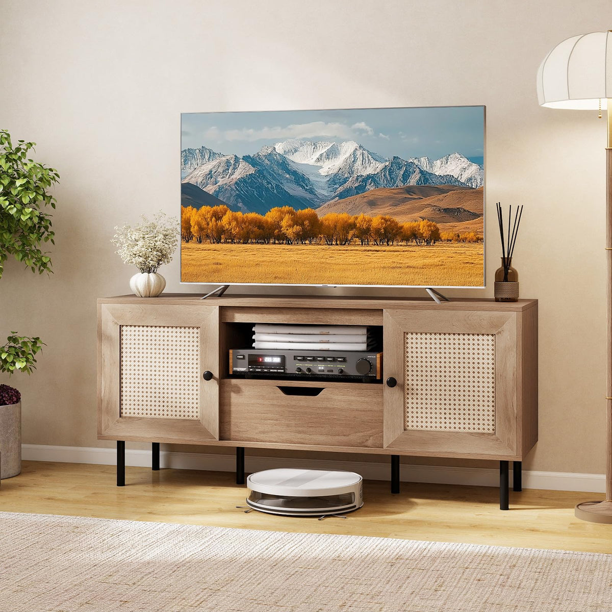 Tangkula Boho TV Stand for 60 Inch TV Entertainment Center with Cabinets and Storage Shelf - Product image 2