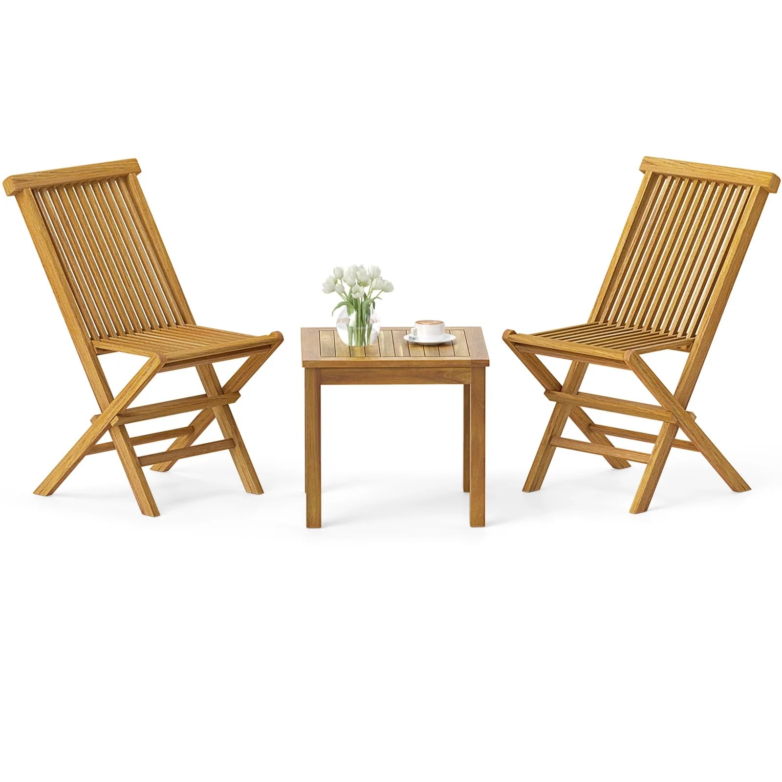 Tangkula 3 Piece Teak Wood Bistro Set, Outdoor Conversation Set with 2 Folding Chairs & Square Side Table - Product image 1