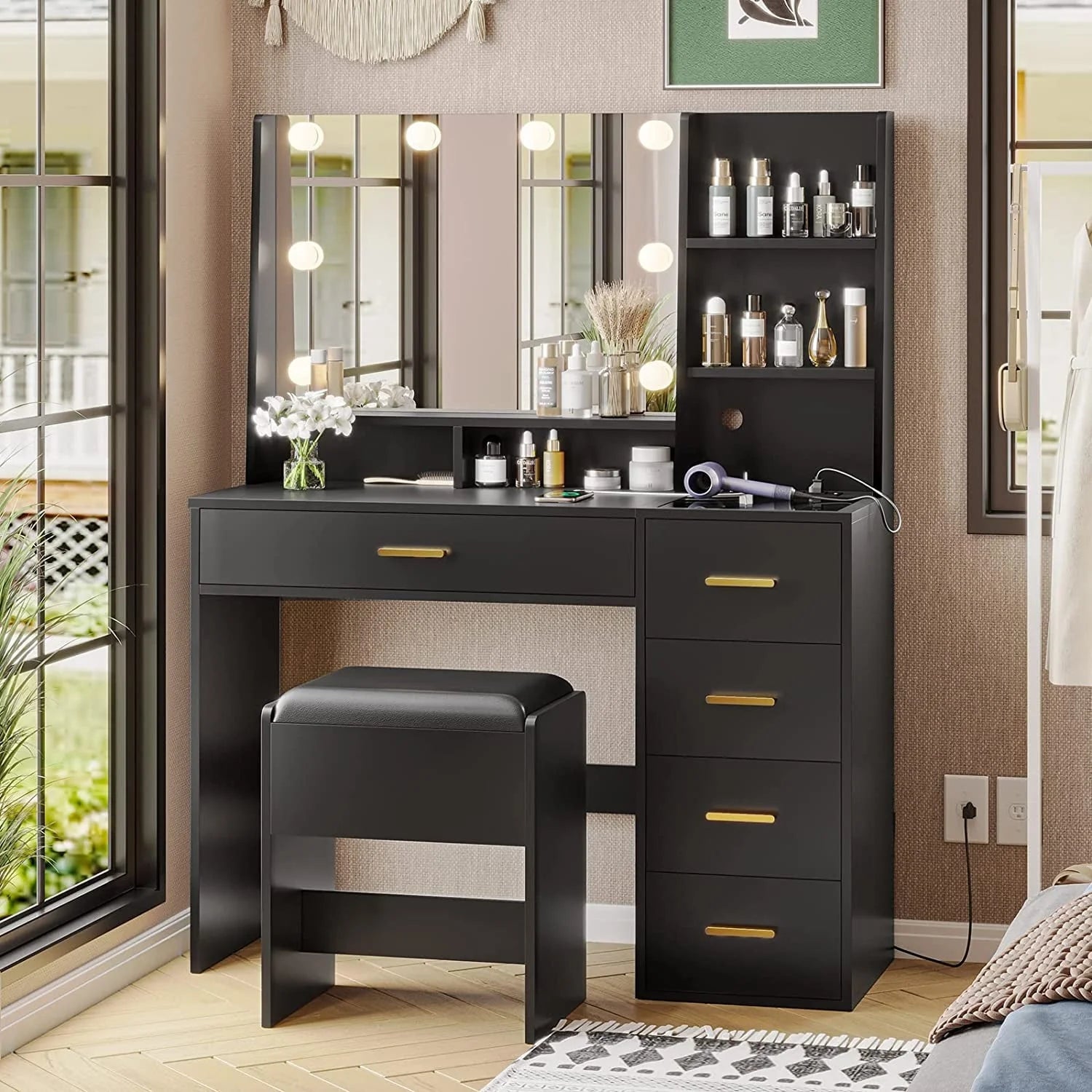 Black Vanity Set with Lights & Charging Station & Cushioned Stool, Modern Makeup Vanity Desk Table with - Product image 1