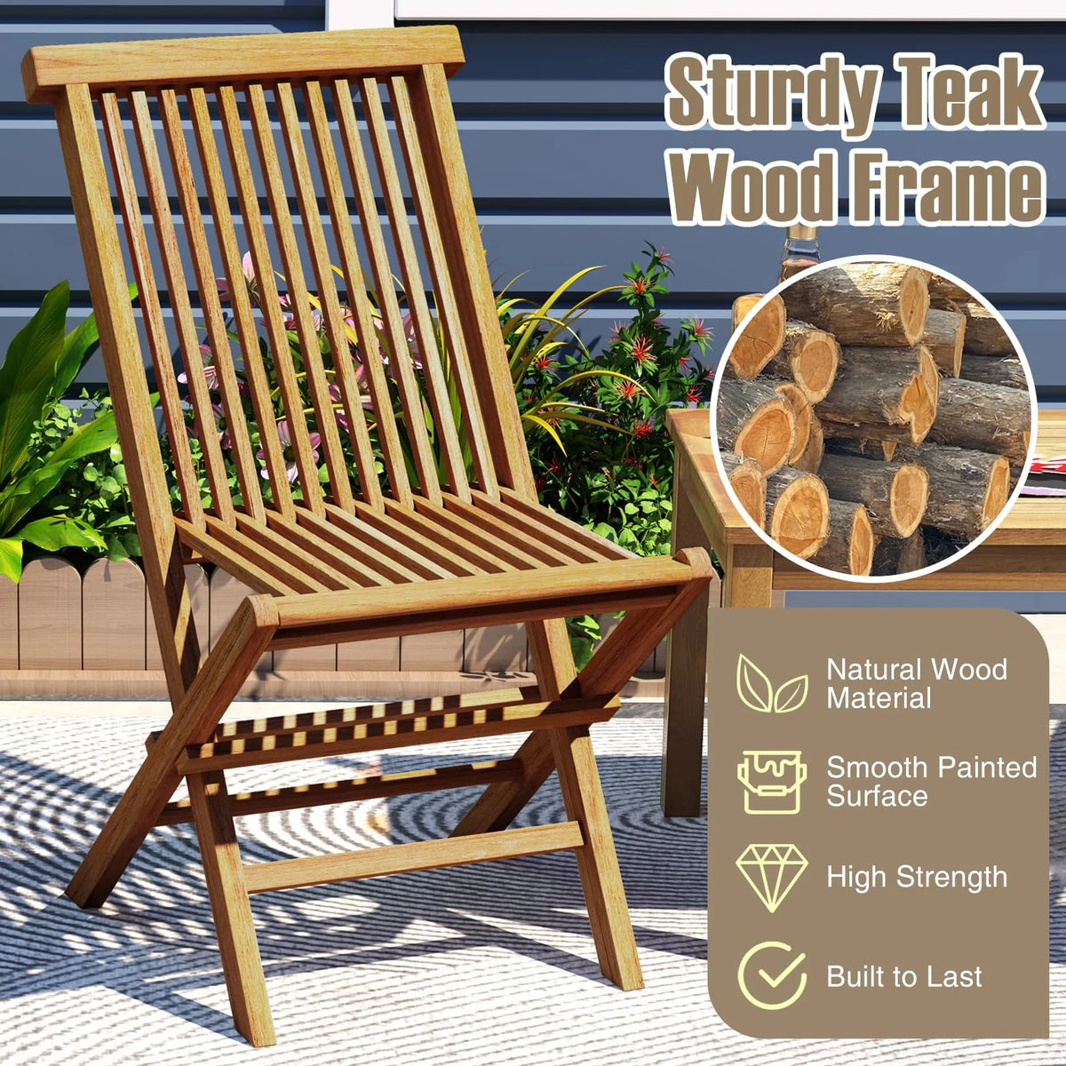 Tangkula 3 Piece Teak Wood Bistro Set, Outdoor Conversation Set with 2 Folding Chairs & Square Side Table - Product image 7