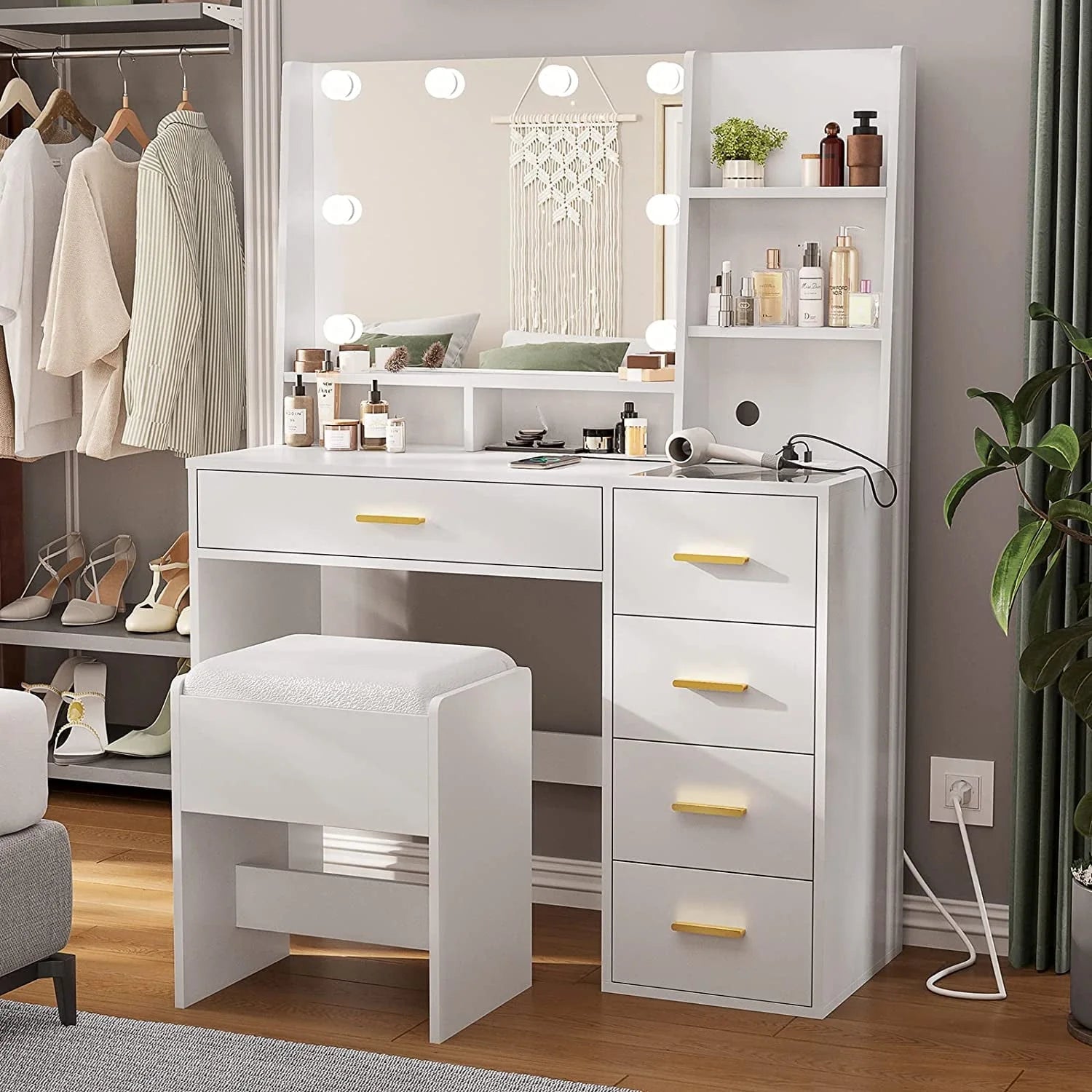 Black Vanity Set with Lights & Charging Station & Cushioned Stool, Modern Makeup Vanity Desk Table with - Product image 5