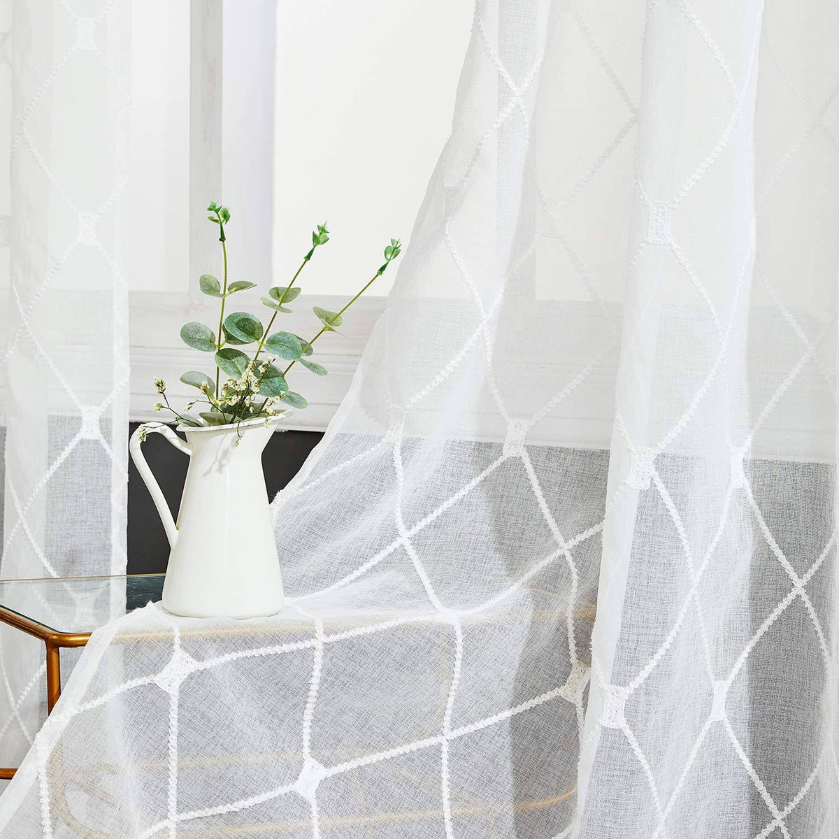 Top Finel White Sheer Curtains 90 Inches Long Embroidered Diamond Grommet Window Curtains for Living Room - Product image 1