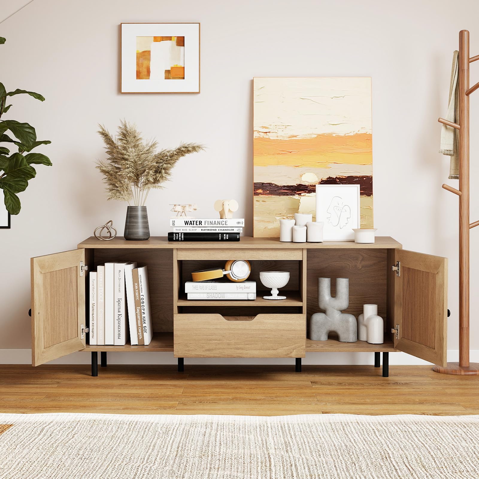 Tangkula Boho TV Stand for 60 Inch TV Entertainment Center with Cabinets and Storage Shelf - Product image 5