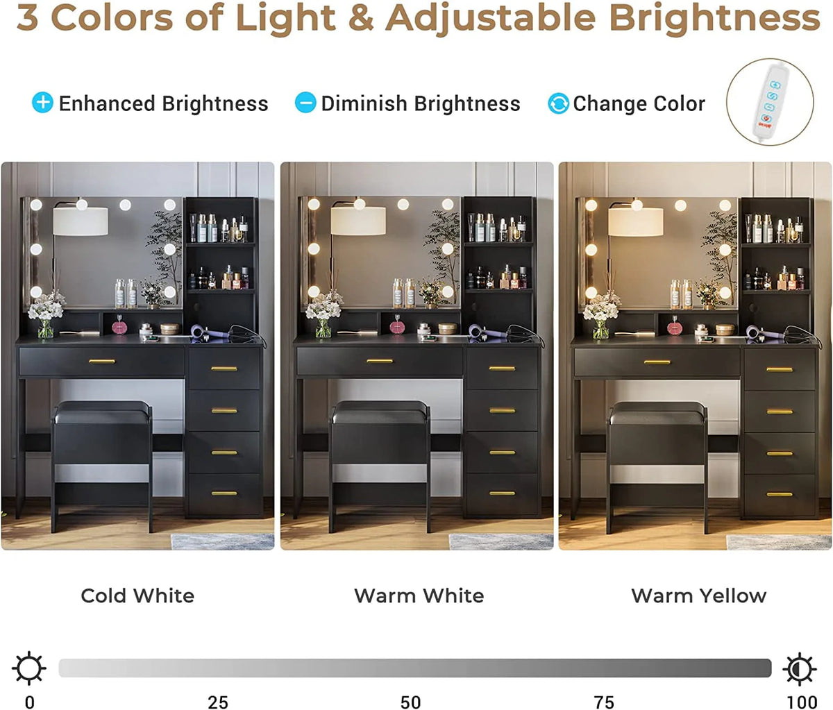 Black Vanity Set with Lights & Charging Station & Cushioned Stool, Modern Makeup Vanity Desk Table with - Product image 9