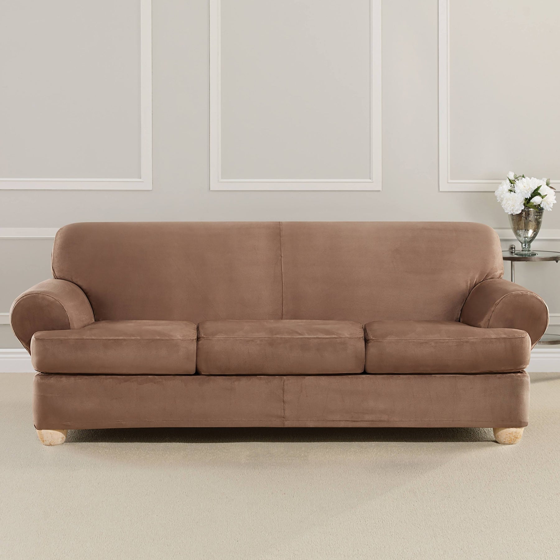 Sure Fit Ultimate Stretch Suede 4-Piece T-Sofa Slipcover, Luggage Brown - Product image 1