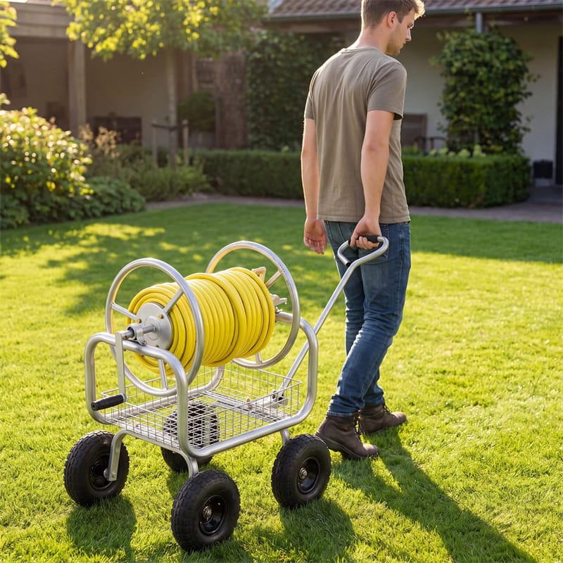 Portable Garden Hose Reel Cart Holds 300FT of 5/8" Large Capacity, Heavy-Duty Metal Hose Cart with 4 Wheels & Storage Basket for Lawn Yard