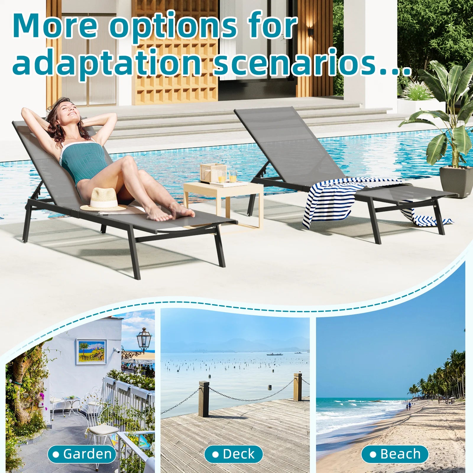 AECOJOY Patio Lounge Chairs, Outdoor Chaise Lounge with Wheels, Dark Grey, 2PCS - Product image 4