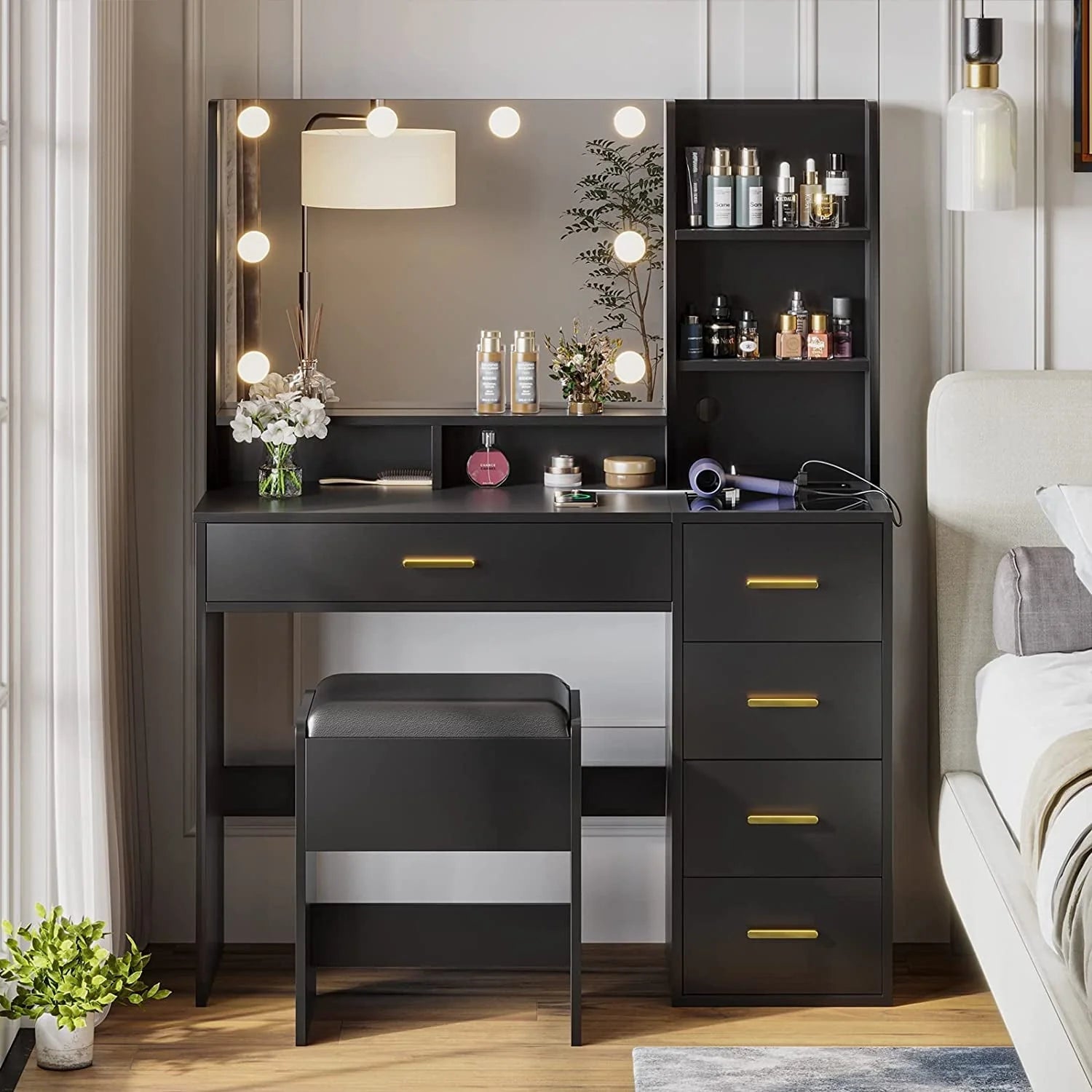 Black Vanity Set with Lights & Charging Station & Cushioned Stool, Modern Makeup Vanity Desk Table with - Product image 6