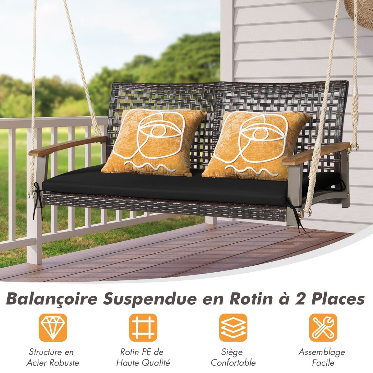 Hanging Rattan Garden Bench 2 Seater Acacia Wood Armrests Metal Frame Cushion Ropes Hooks White/Black -