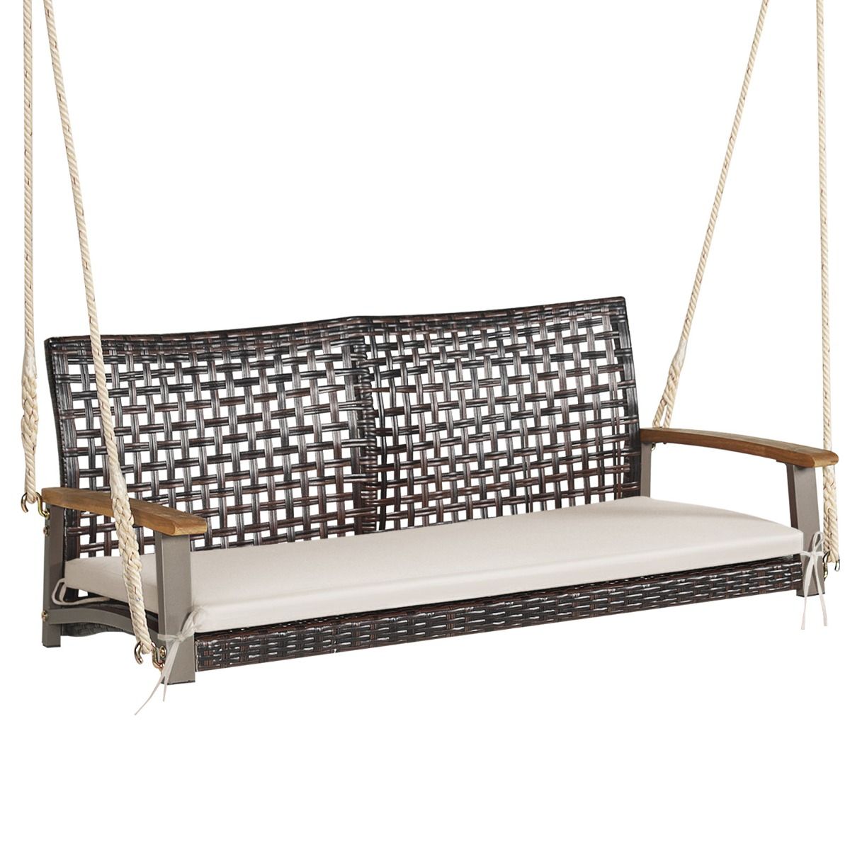 Hanging Rattan Garden Bench 2 Seater Acacia Wood Armrests Metal Frame Cushion Ropes Hooks White/Black -