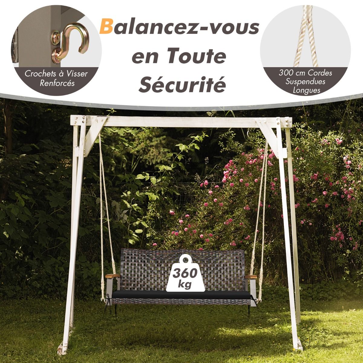 Hanging Rattan Garden Bench 2 Seater Acacia Wood Armrests Metal Frame Cushion Ropes Hooks White/Black -