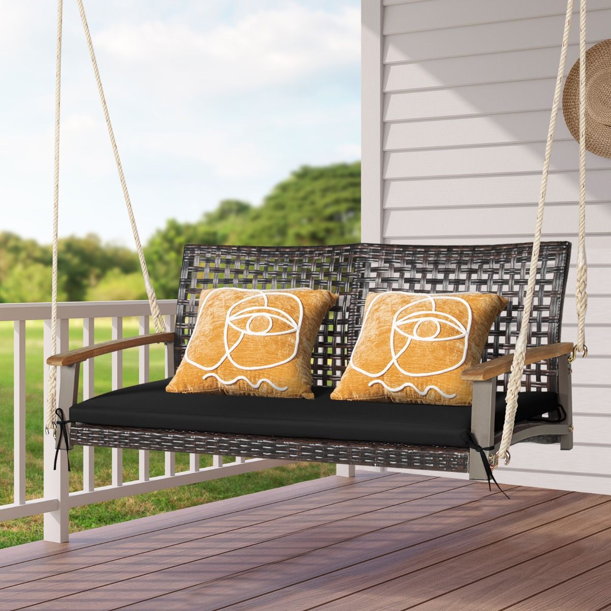 Hanging Rattan Garden Bench 2 Seater Acacia Wood Armrests Metal Frame Cushion Ropes Hooks White/Black -