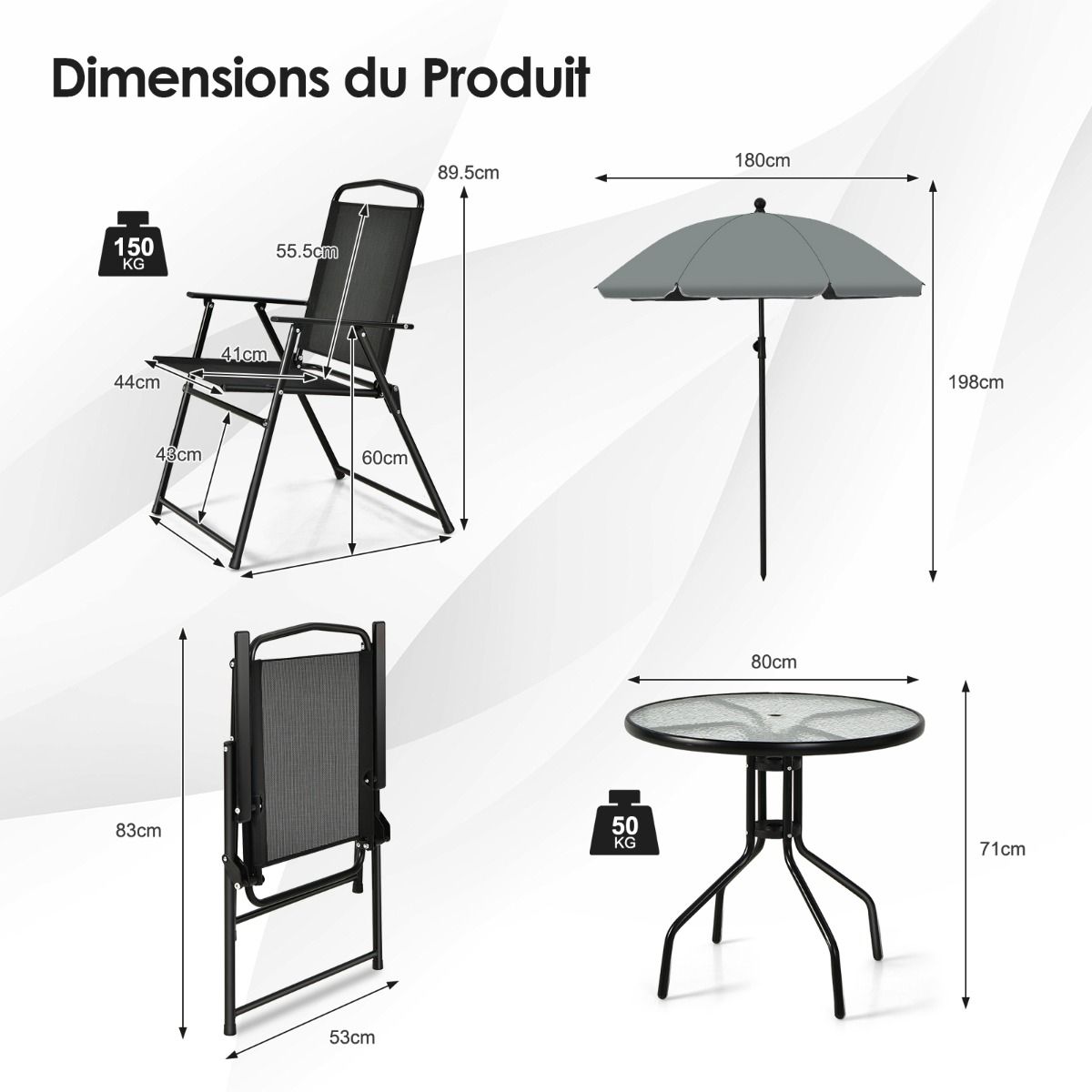 Garden Furniture Set 6 Pcs 4 Folding Chairs Glass Coffee Table and Parasol for Terrace Swimming Pool Courtyard Black -