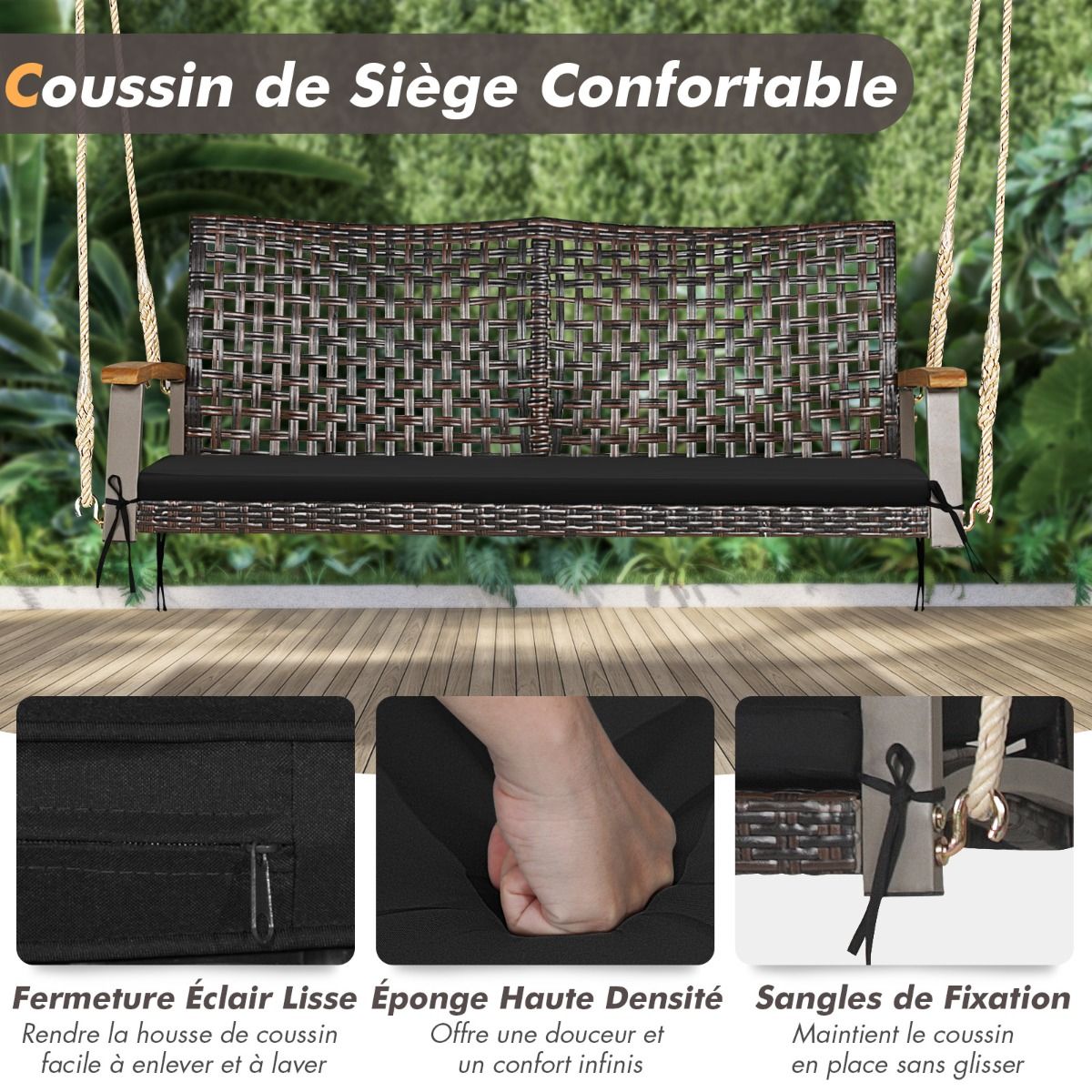 Hanging Rattan Garden Bench 2 Seater Acacia Wood Armrests Metal Frame Cushion Ropes Hooks White/Black -
