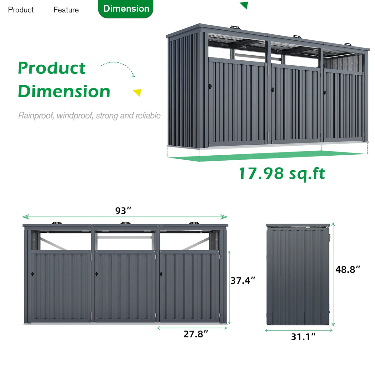 AECOJOY 73 Cu.Ft Outdoor Trash Can Storage Shed for 3 Garbage Cans - Product image 3