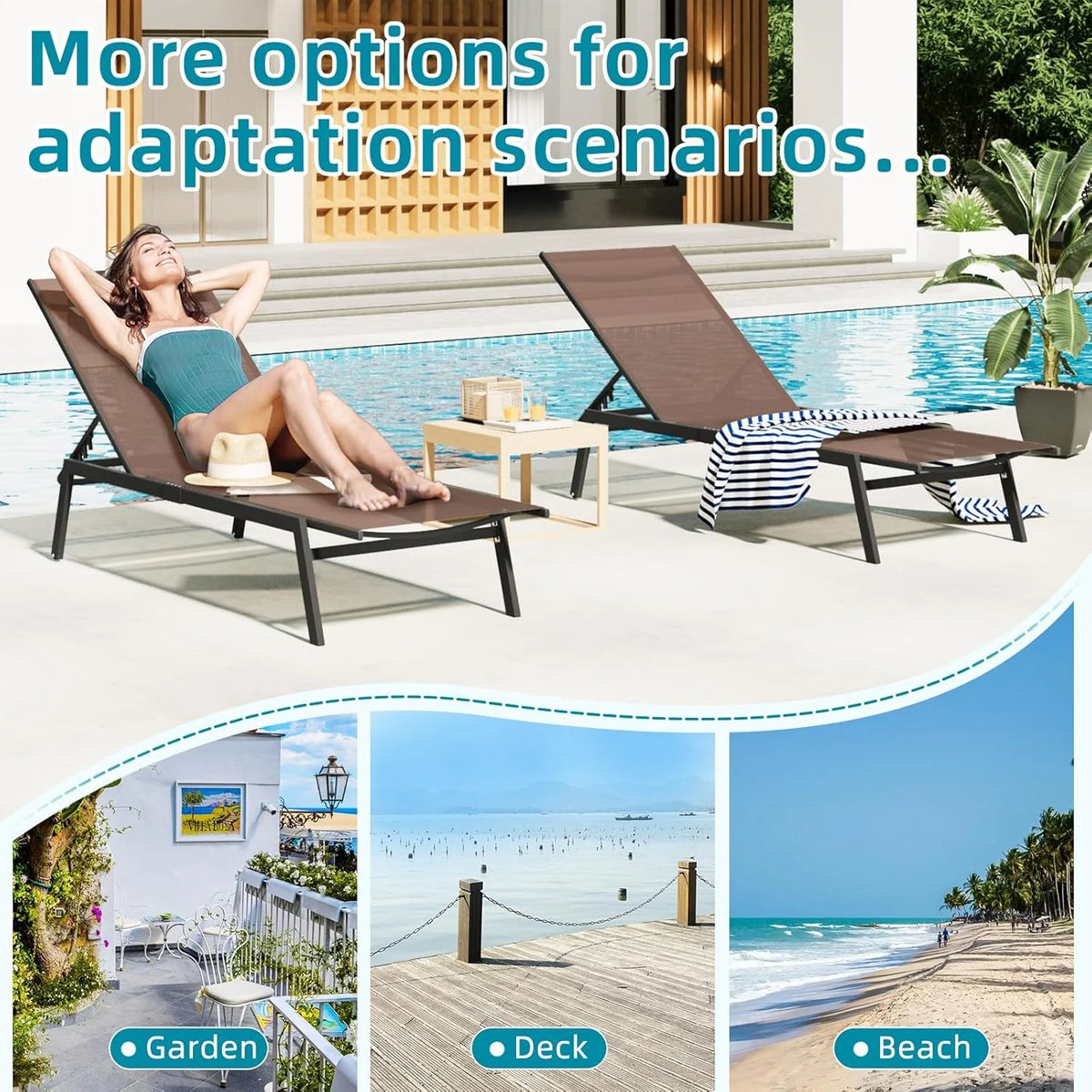 AECOJOY Patio Lounge Chairs, Outdoor Chaise Lounge with Wheels, Brown, 2PCS - Product image 4