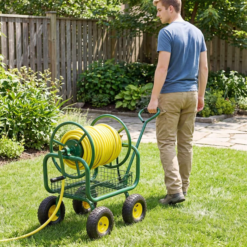 Portable Garden Hose Reel Cart Holds 300FT of 5/8" Large Capacity, Heavy-Duty Metal Hose Cart with 4 Wheels & Storage Basket for Lawn Yard