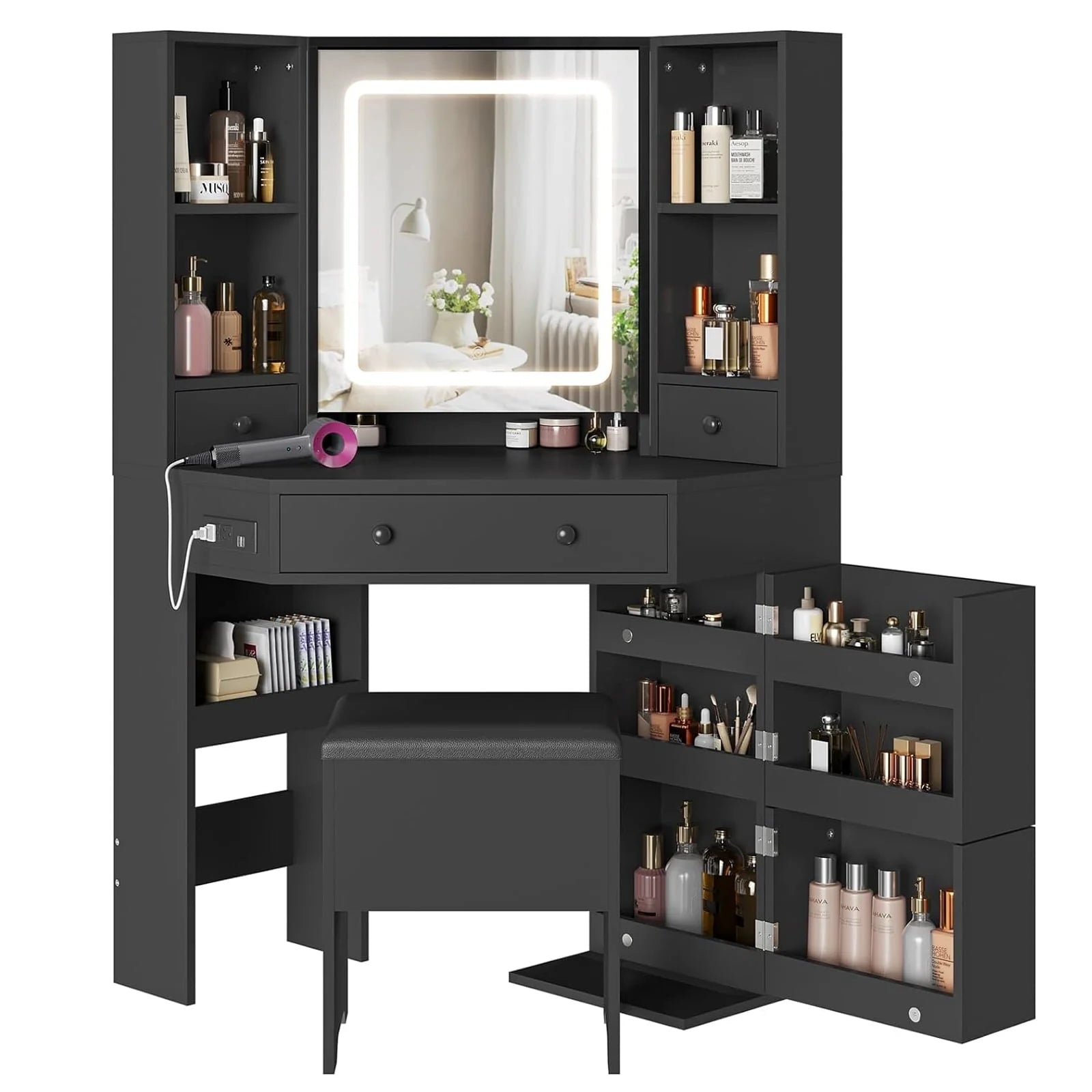 Black Vanity Set with Lights & Charging Station & Cushioned Stool, Modern Makeup Vanity Desk Table with - Product image 3