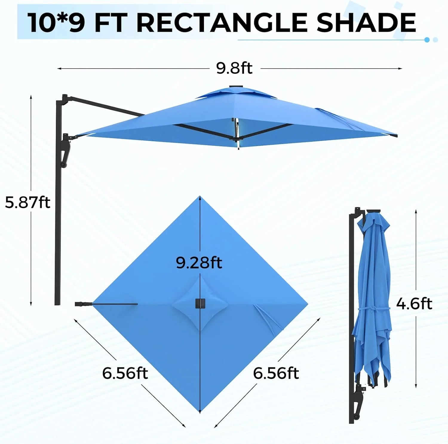 AECOJOY 10FT Large Patio Umbrella with Solar Lights, Rectangle Wall Mounted Outdoor Patio Umbrella, Blue - Product image 3