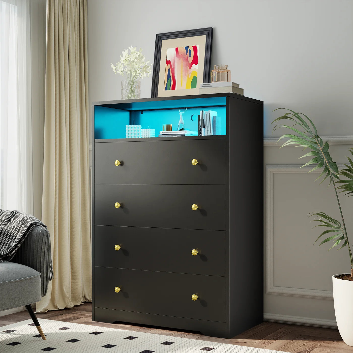 4 - Drawer Black Wood Dresser with LED Lights, Modern Chest of Drawers for Bedroom, Living Room - Product image 6