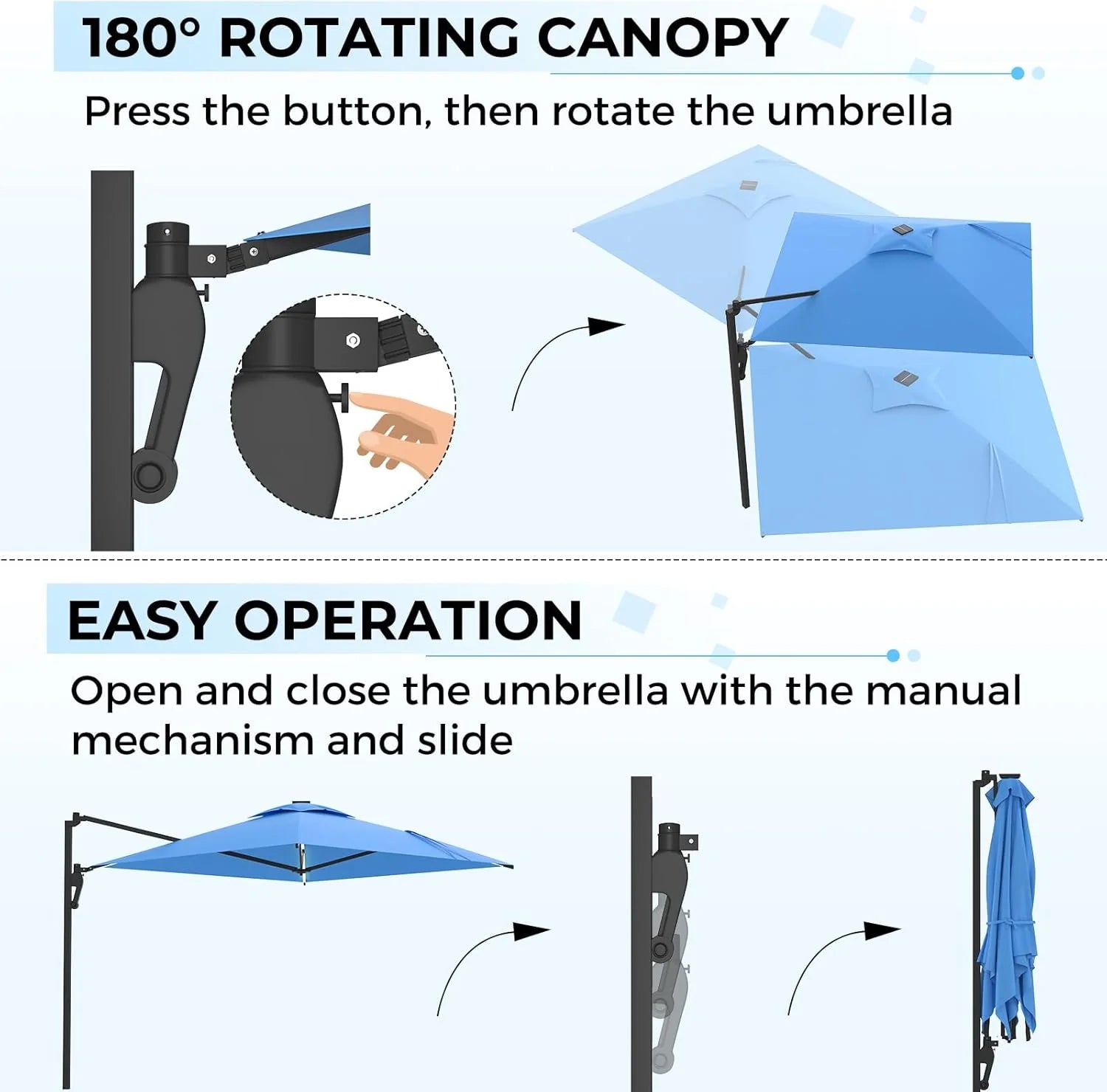 AECOJOY 10FT Large Patio Umbrella with Solar Lights, Rectangle Wall Mounted Outdoor Patio Umbrella, Blue - Product image 7