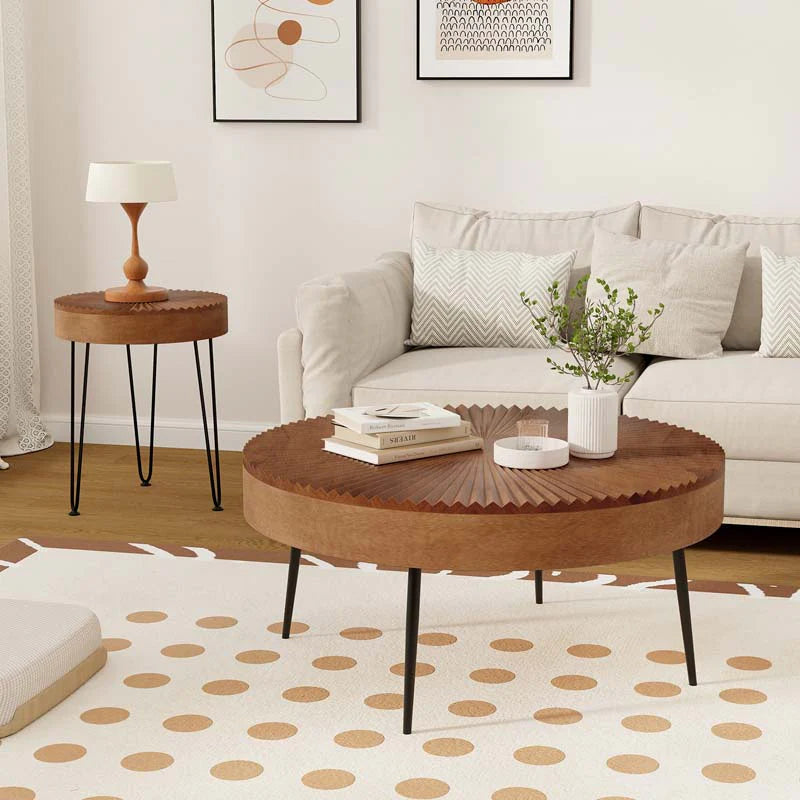 Boho Farmhouse Round Coffee Table Set of 2, Solid Pine Wood Nesting End Table with Metal Legs - Product image 5