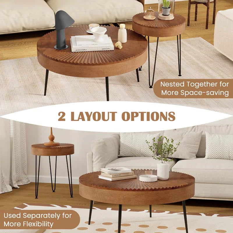 Boho Farmhouse Round Coffee Table Set of 2, Solid Pine Wood Nesting End Table with Metal Legs - Product image 8