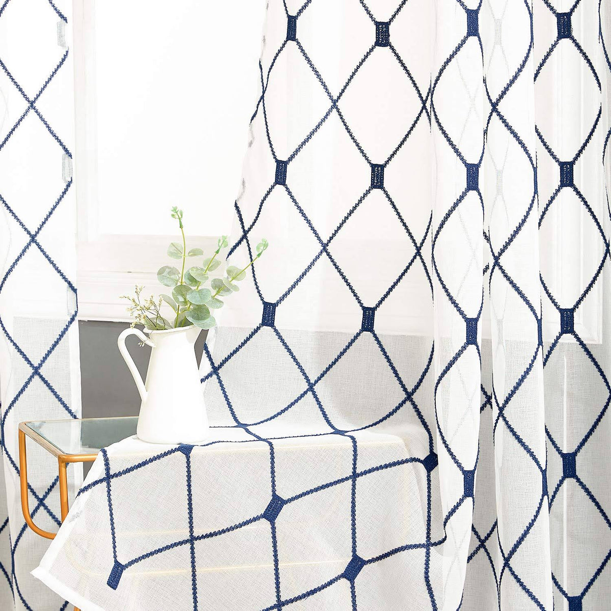 Top Finel White Sheer Curtains 63 inch Length Navy Blue Embroidered Diamond Grommet Window Curtains for - Product image 1