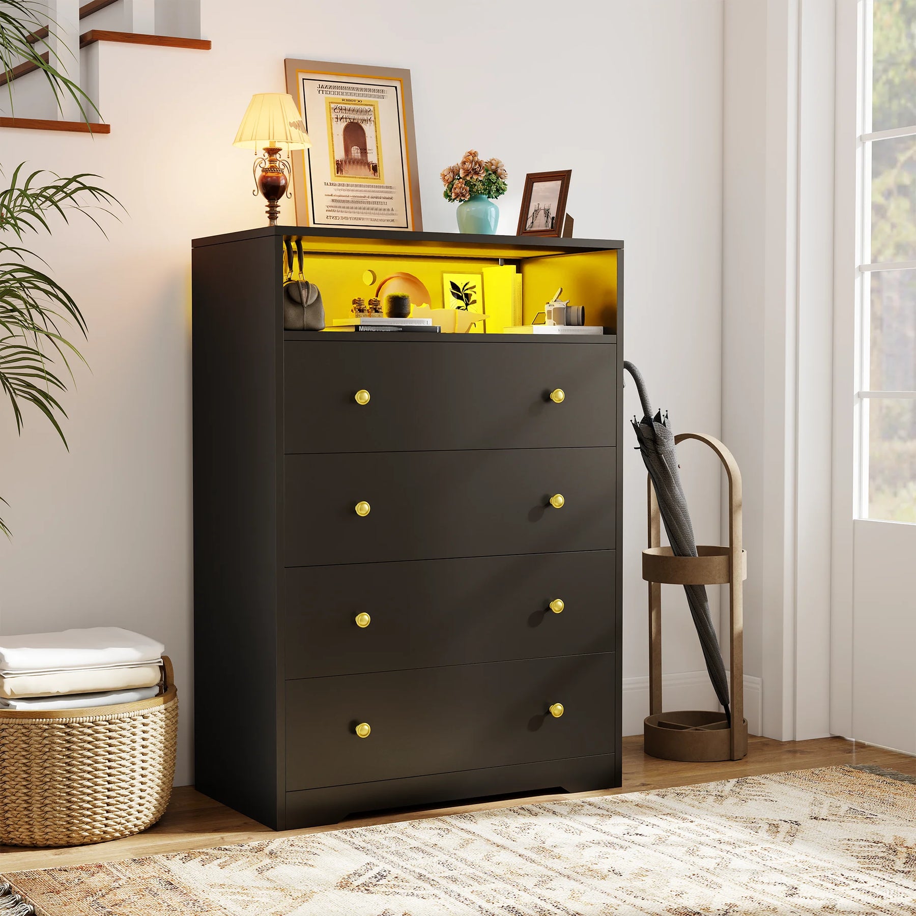 4 - Drawer Black Wood Dresser with LED Lights, Modern Chest of Drawers for Bedroom, Living Room - Product image 2