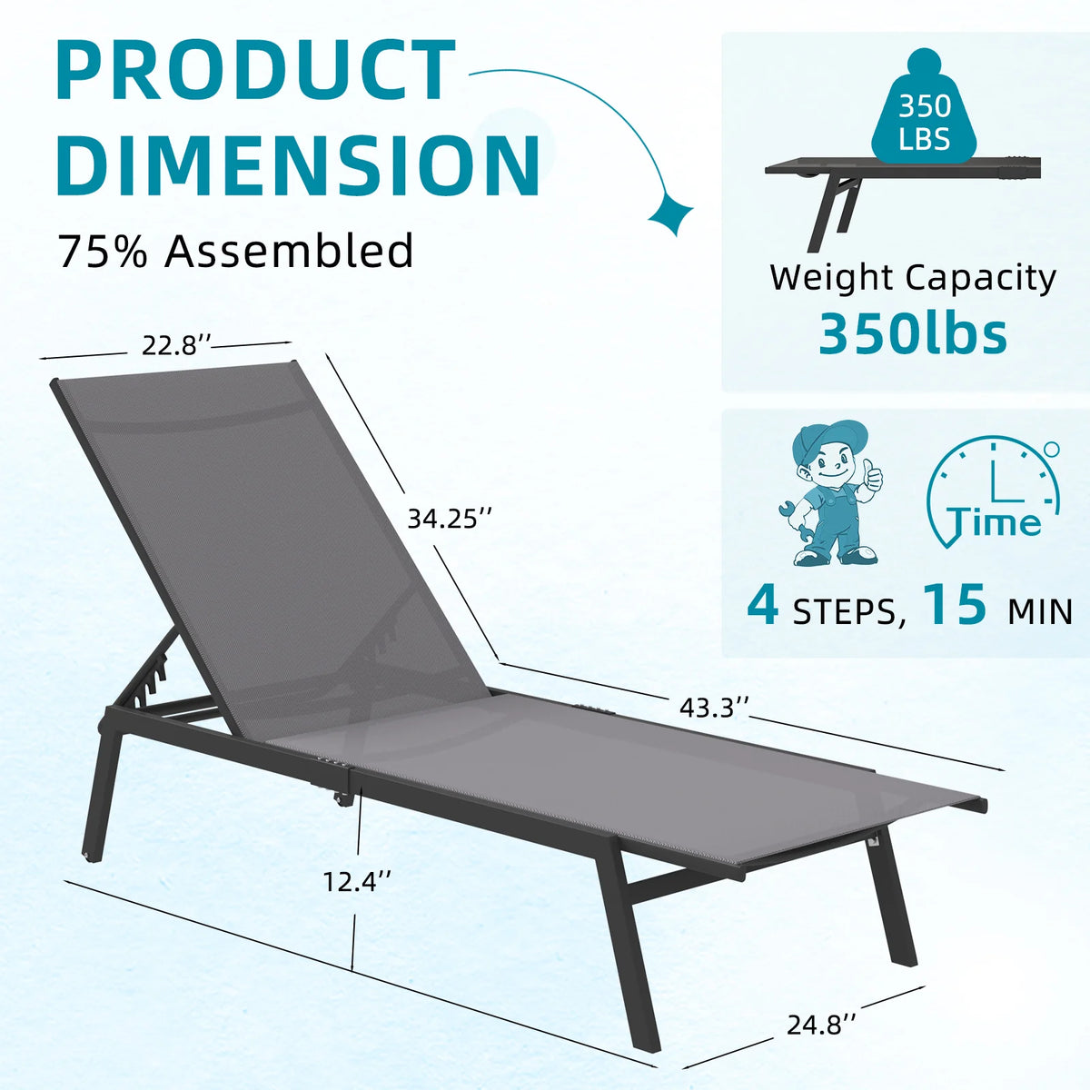 AECOJOY Patio Lounge Chairs, Outdoor Chaise Lounge with Wheels, Dark Grey, 2PCS - Product image 3