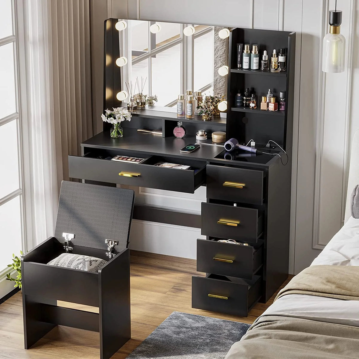 Black Vanity Set with Lights & Charging Station & Cushioned Stool, Modern Makeup Vanity Desk Table with - Product image 2