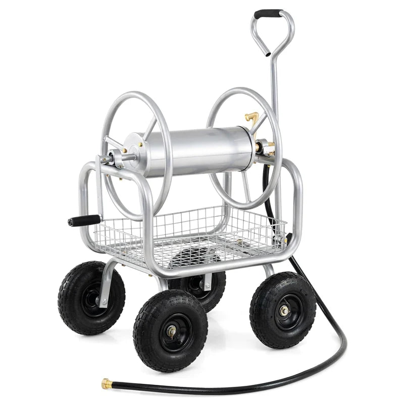 Portable Garden Hose Reel Cart Holds 300FT of 5/8" Large Capacity, Heavy-Duty Metal Hose Cart with 4 Wheels & Storage Basket for Lawn Yard
