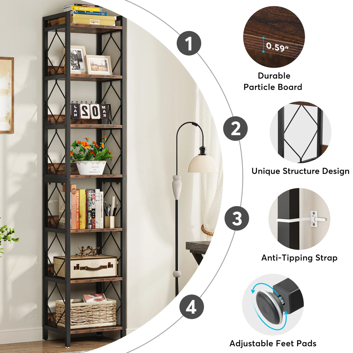 Tribesigns 78.7 in Tall Narrow Bookshelf, Freestanding 7 - Tier Bookcase, Skinny Corner Storage Organizer for Home Office